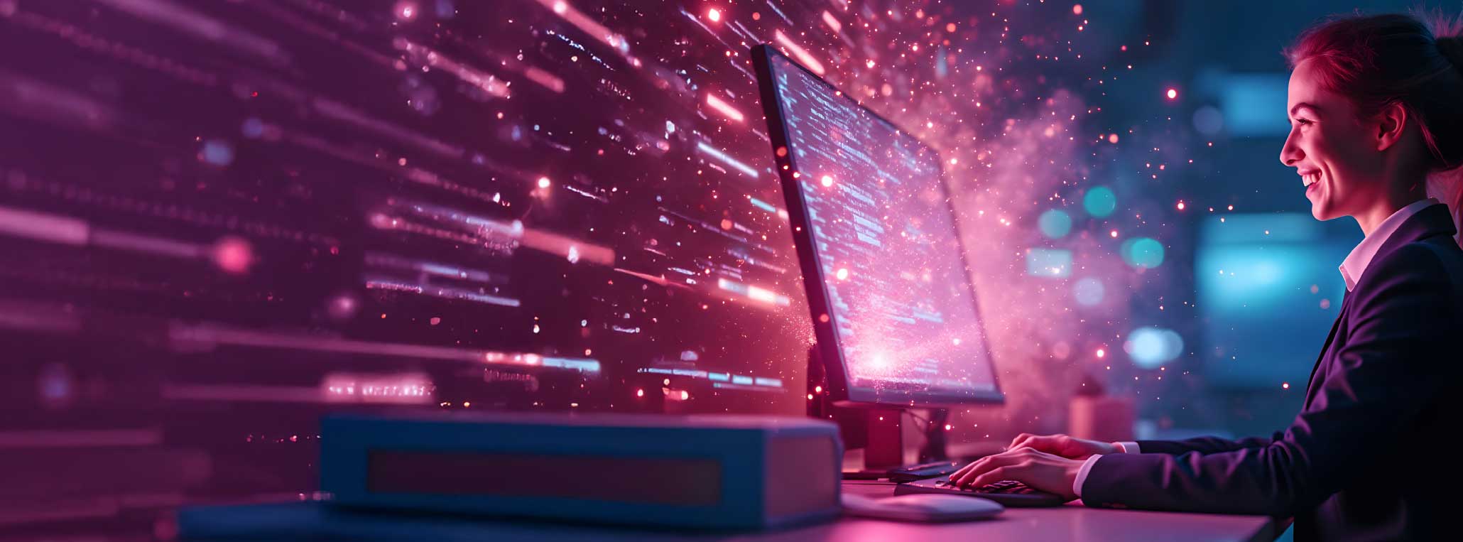 Woman happily looking into a computer screen
