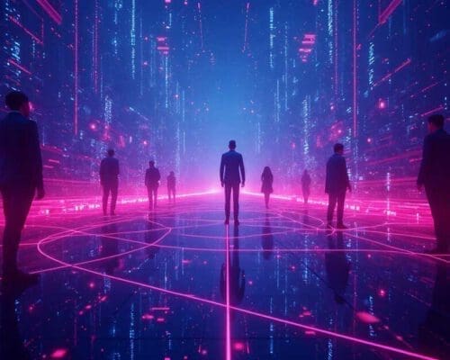 Group of people walking in a digital environment