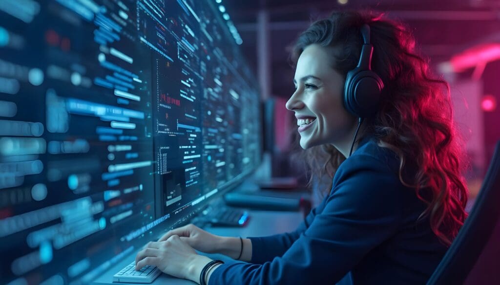 agent smiling at ai monitor