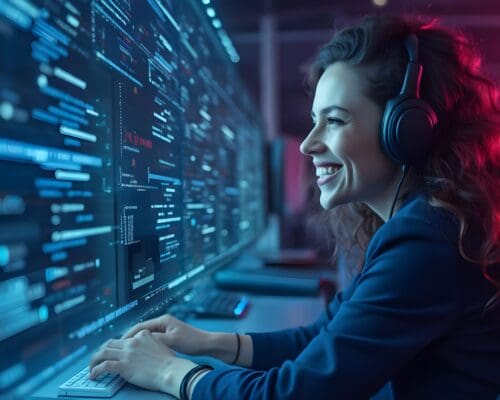 agent smiling at ai monitor